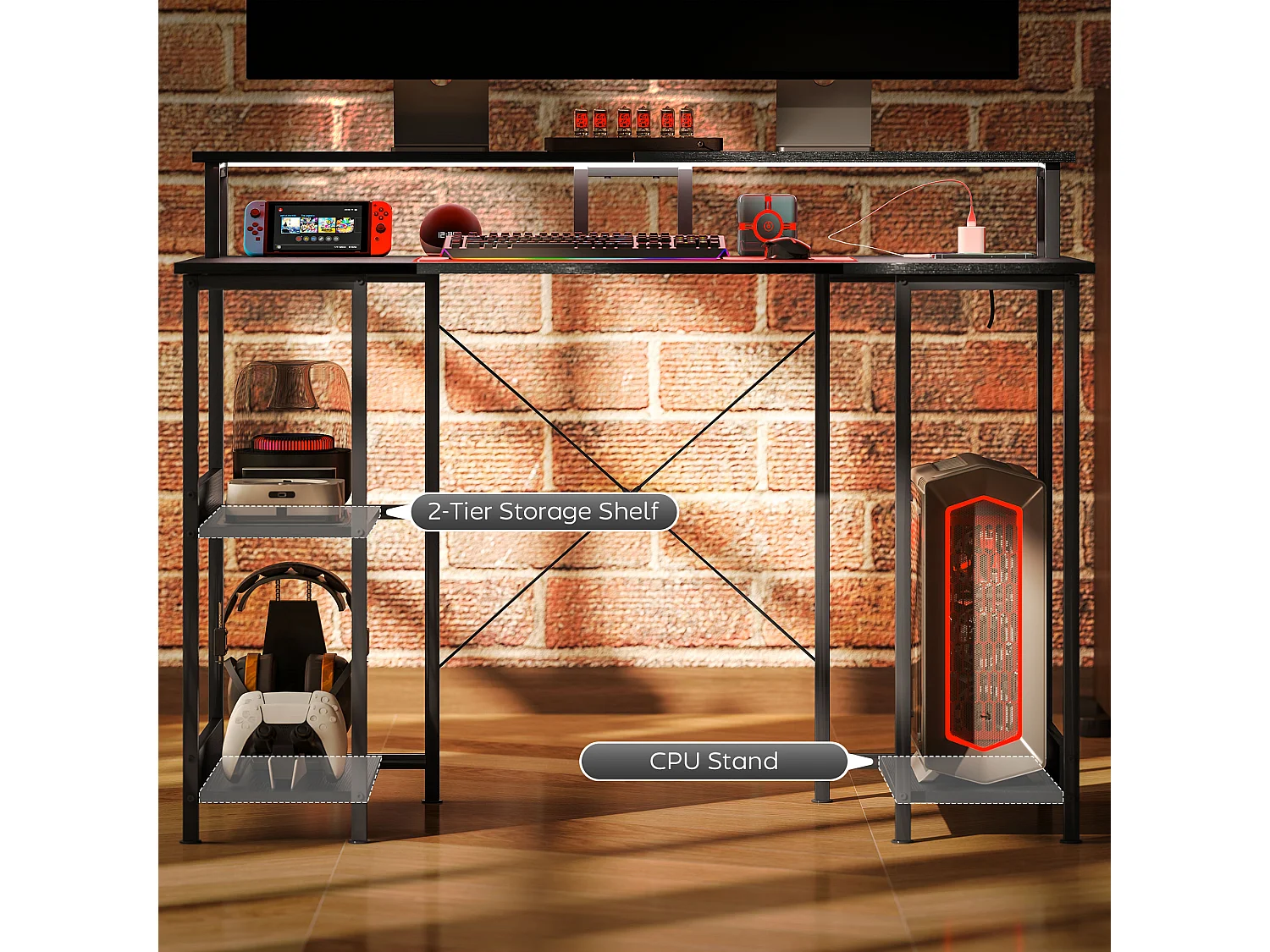 Scrivania per pc con prese elettriche luci led e rialzo monitor nero