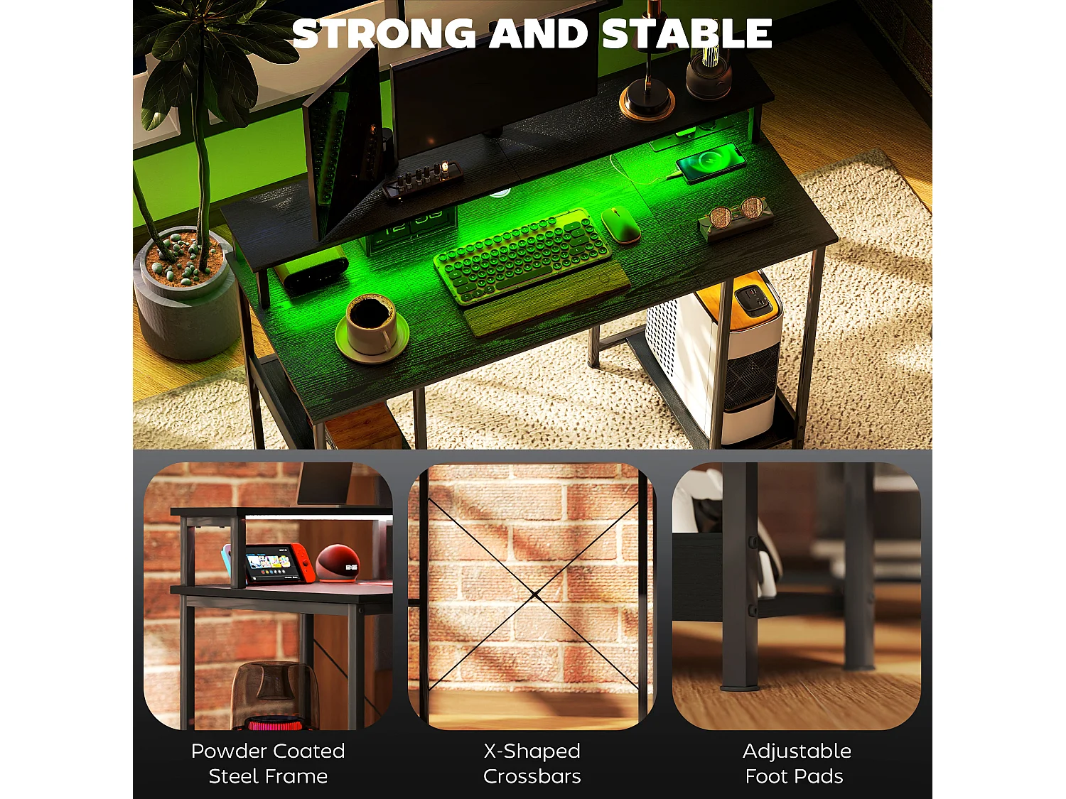 Scrivania per pc con prese elettriche luci led e rialzo monitor nero