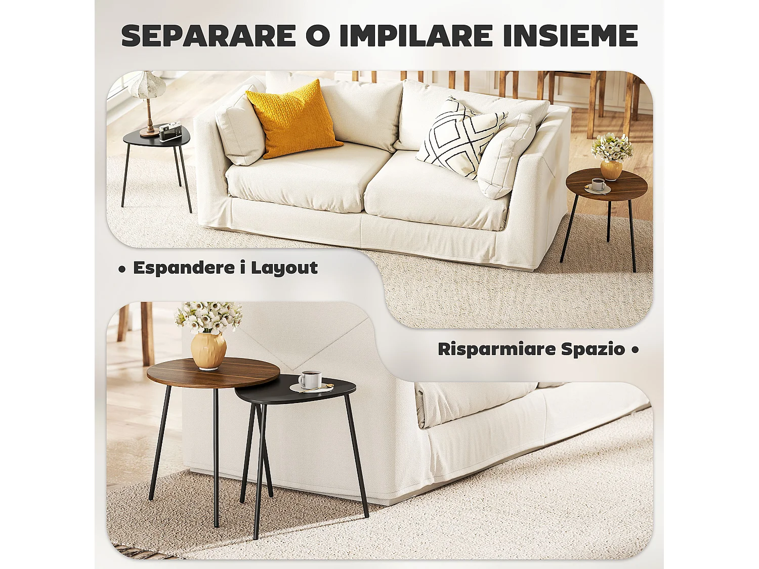 Set di 2 tavolini da salotto impilabili tavolini bassi con telaio in metallo per soggiorno