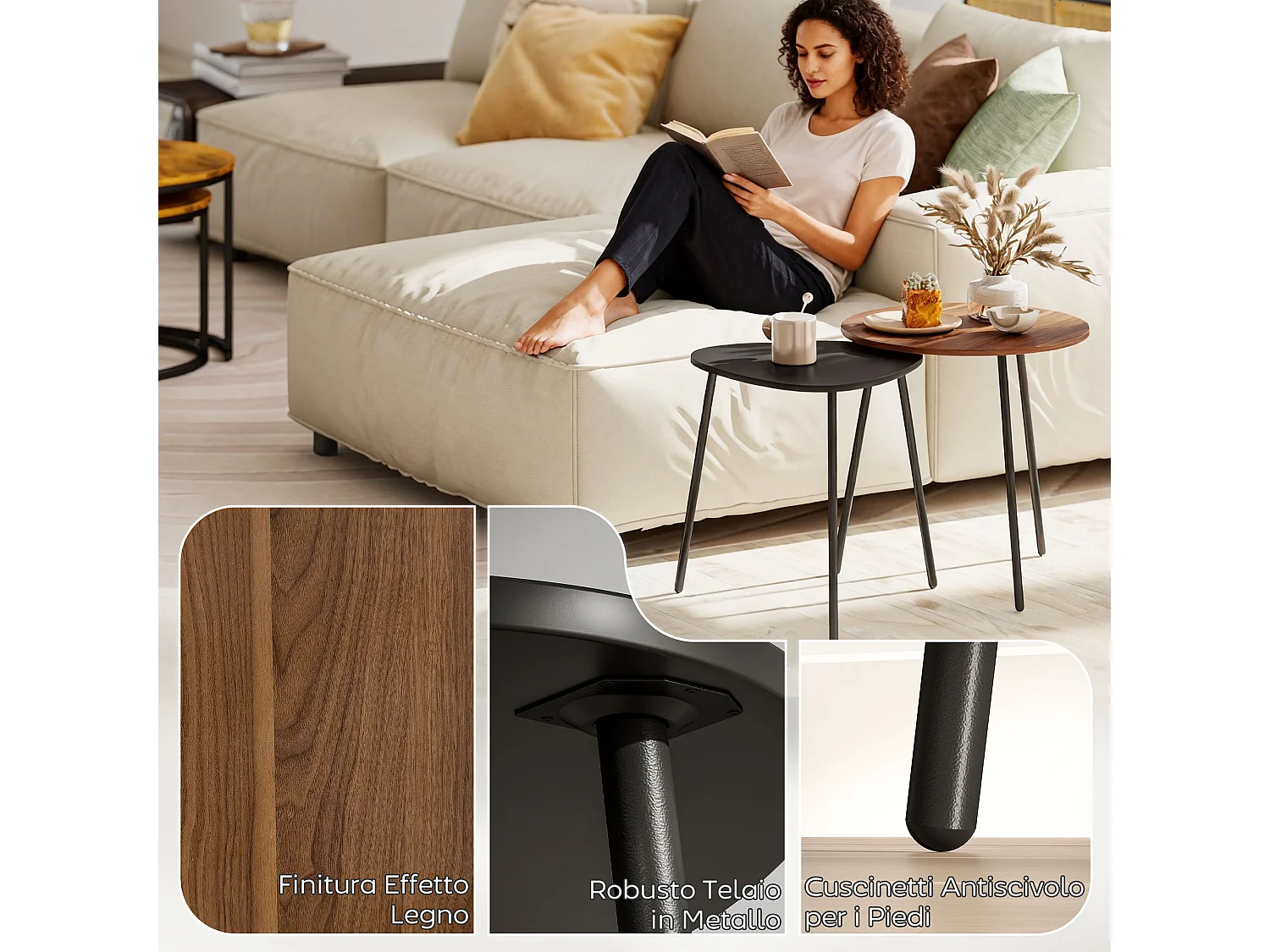 Set di 2 tavolini da salotto impilabili tavolini bassi con telaio in metallo per soggiorno