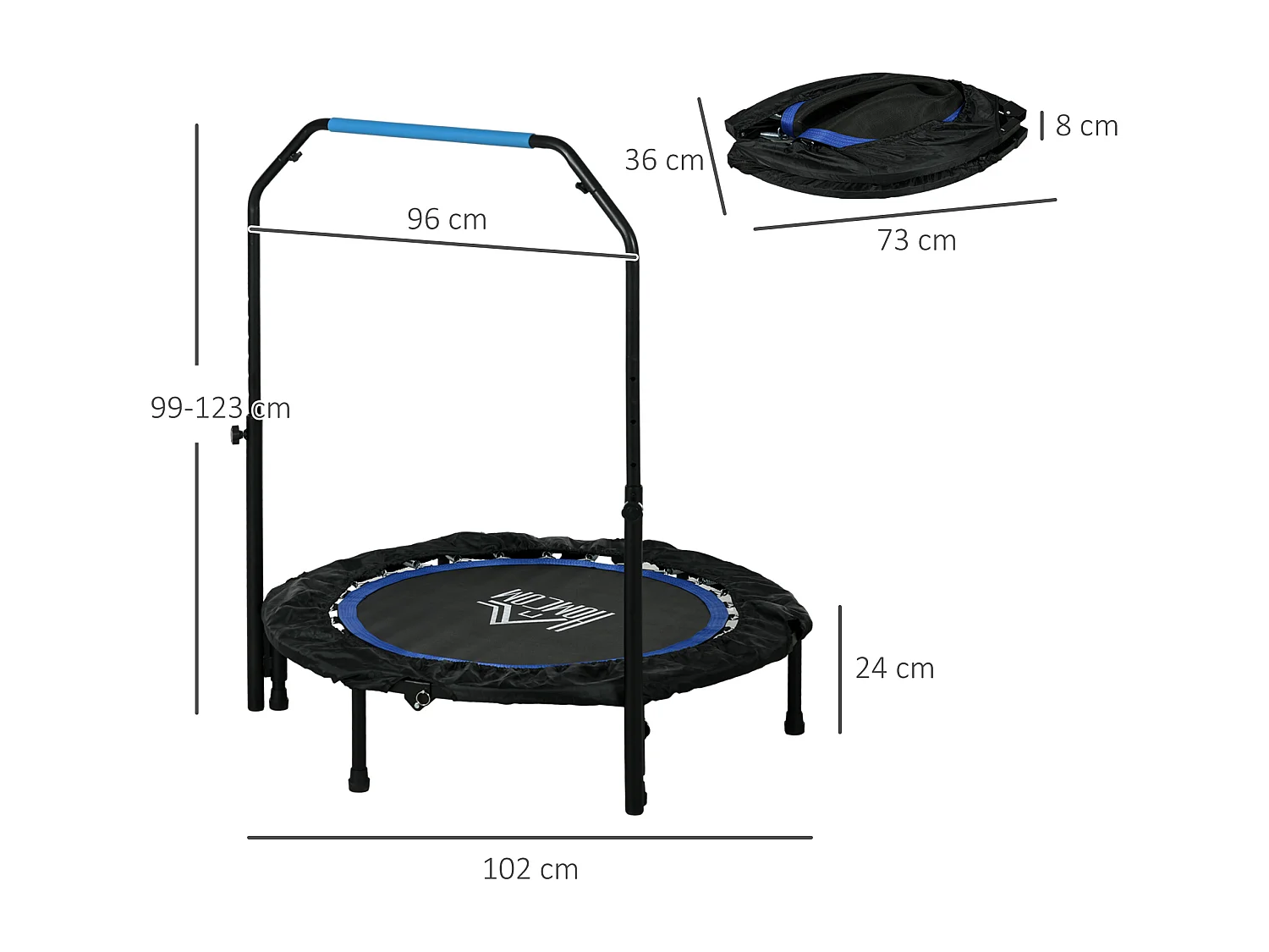 Trampolino fitness pieghevole 102 cm con manubrio regolabile blu