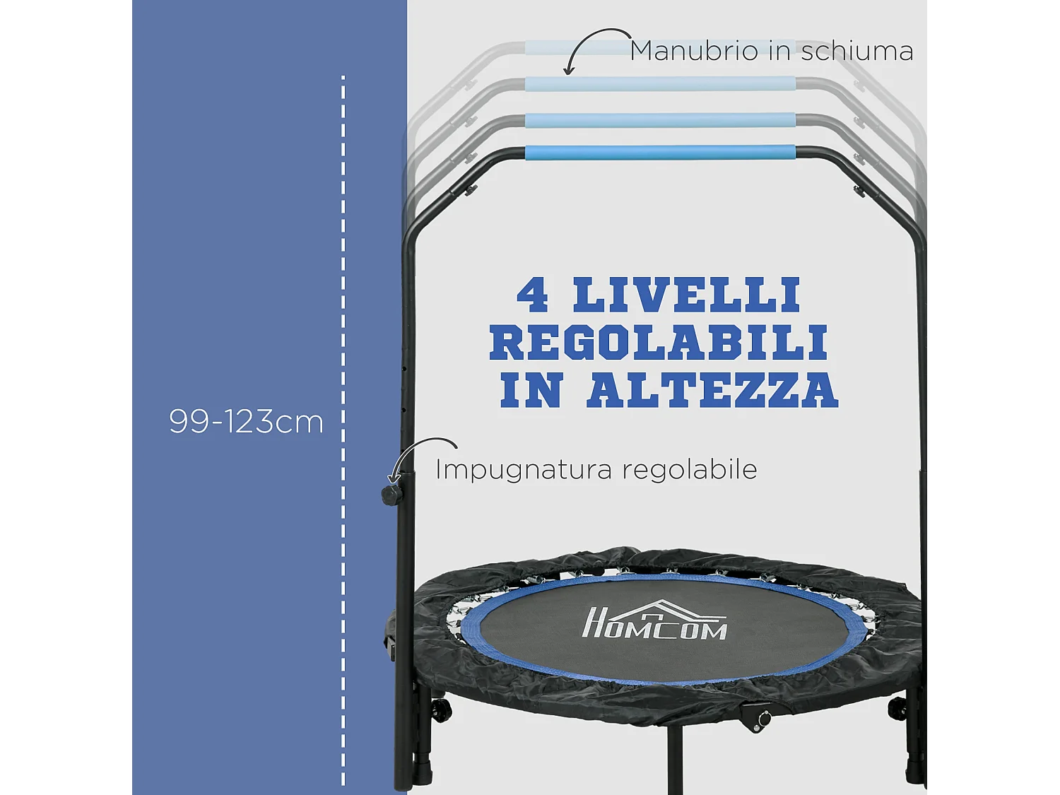 Trampolino fitness pieghevole 102 cm con manubrio regolabile blu