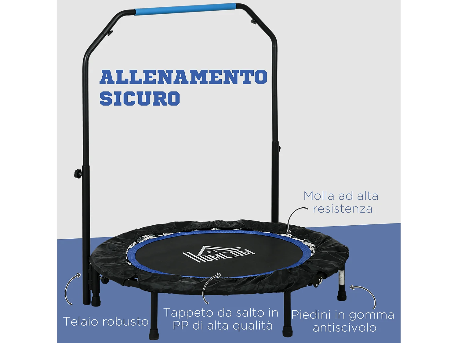 Trampolino fitness pieghevole 102 cm con manubrio regolabile blu