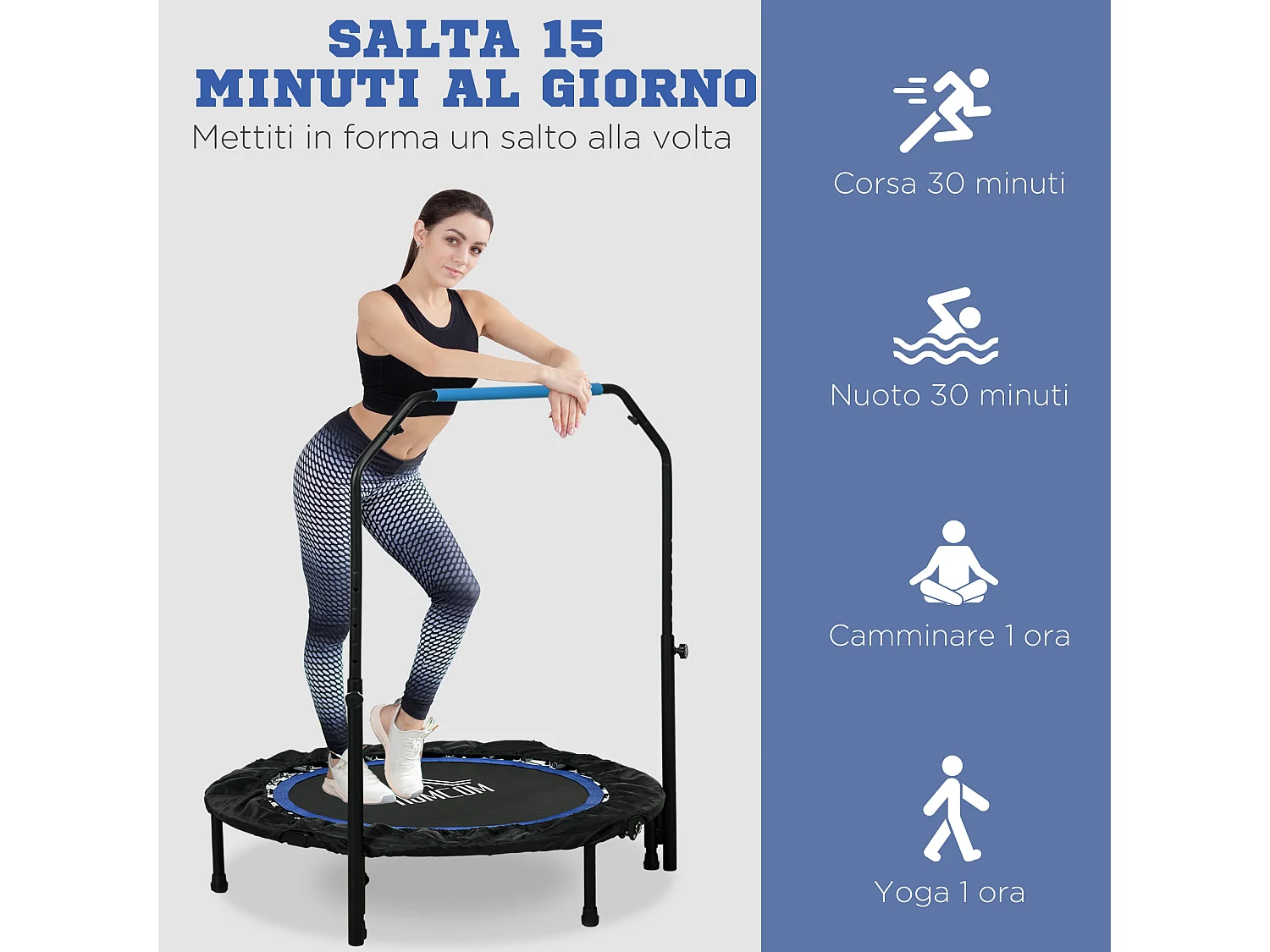 Trampolino fitness pieghevole 102 cm con manubrio regolabile blu