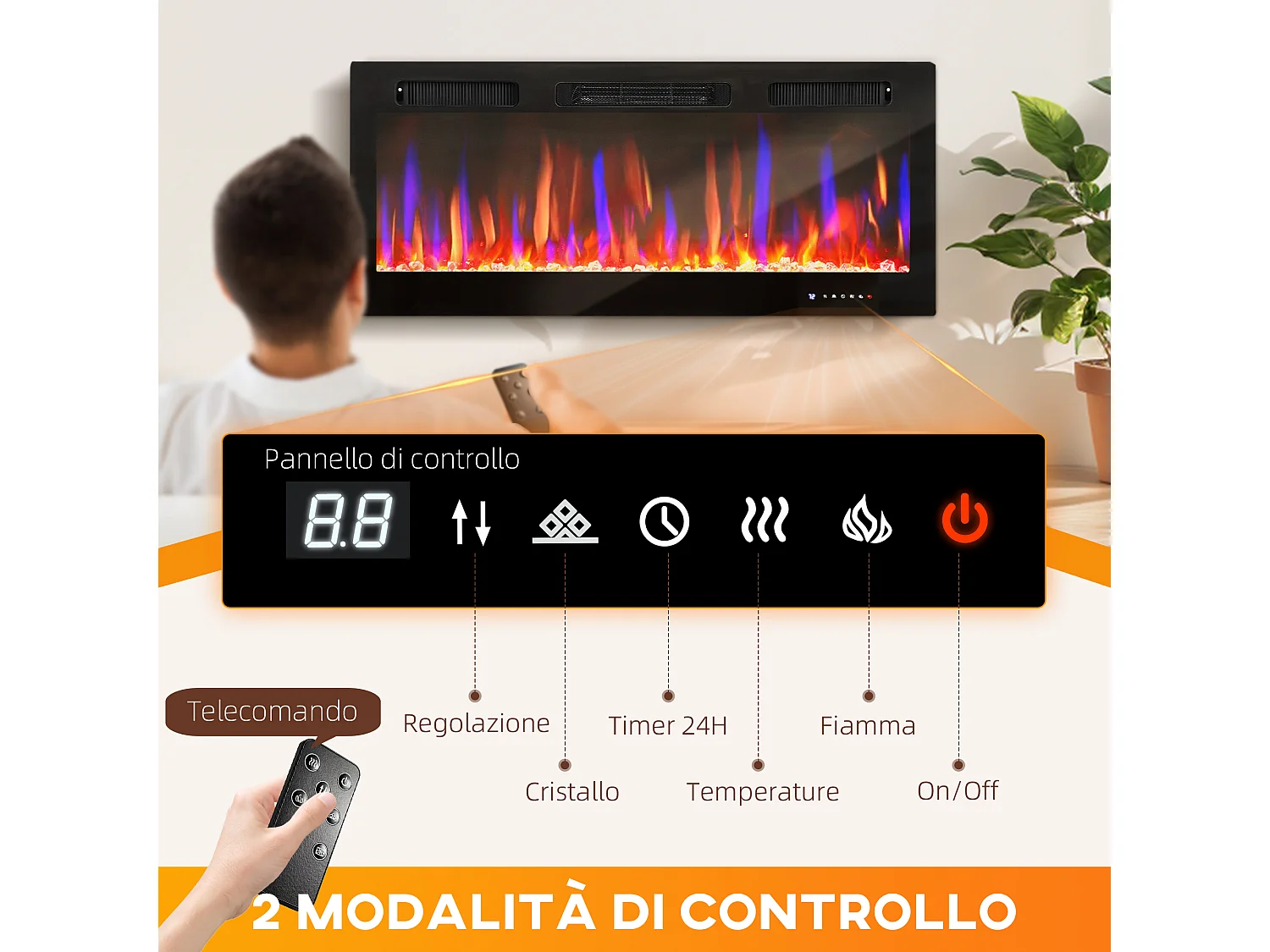 Camino elettrico da parete 900/1800w riscaldamento ultra sottile 9.4cm