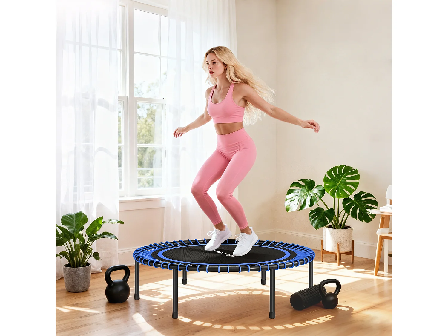 Trampolino elastico fitness a 36 corde in acciaio e pp 114x31 cm blu