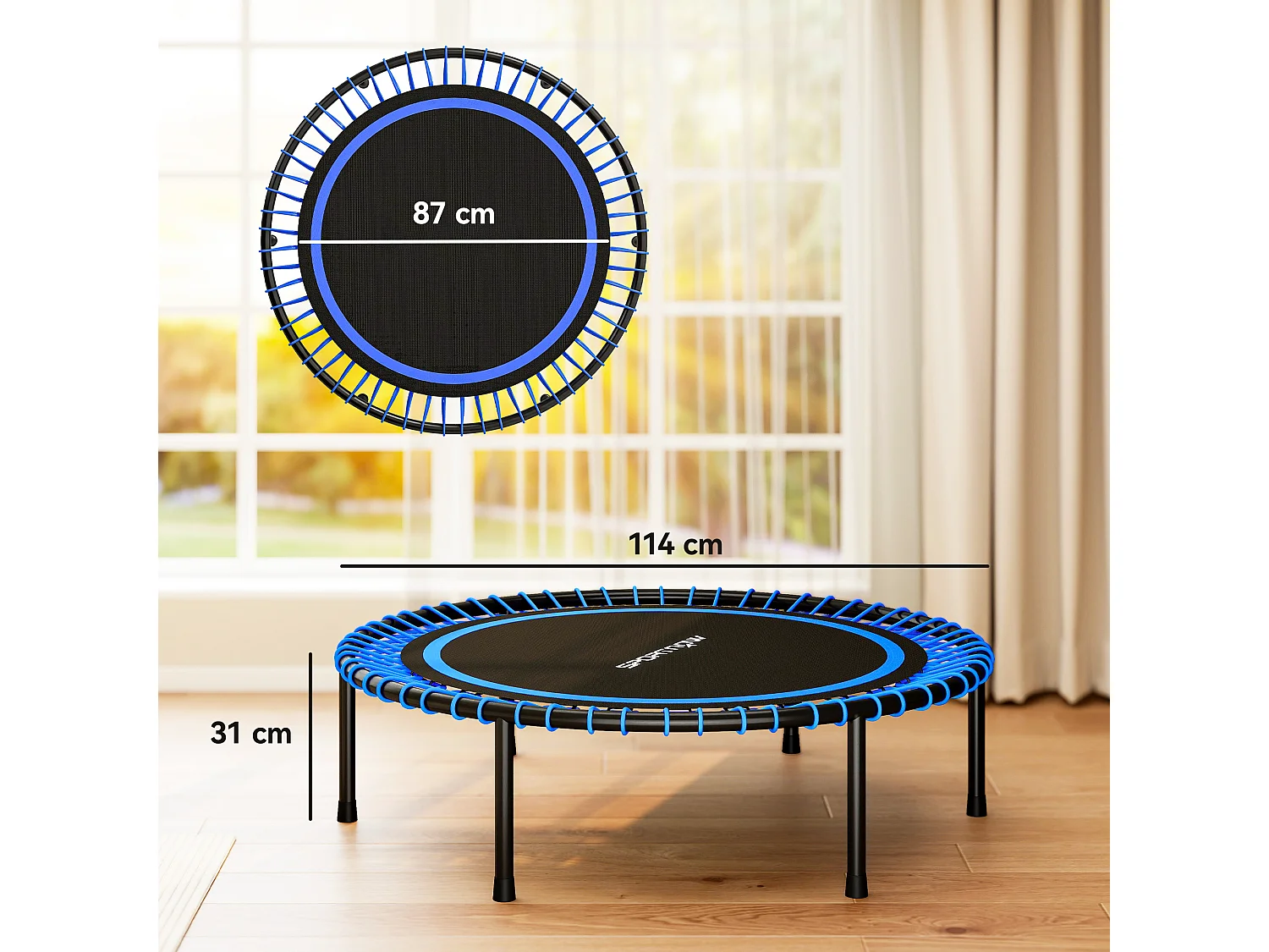 Trampolino elastico fitness a 36 corde in acciaio e pp 114x31 cm blu