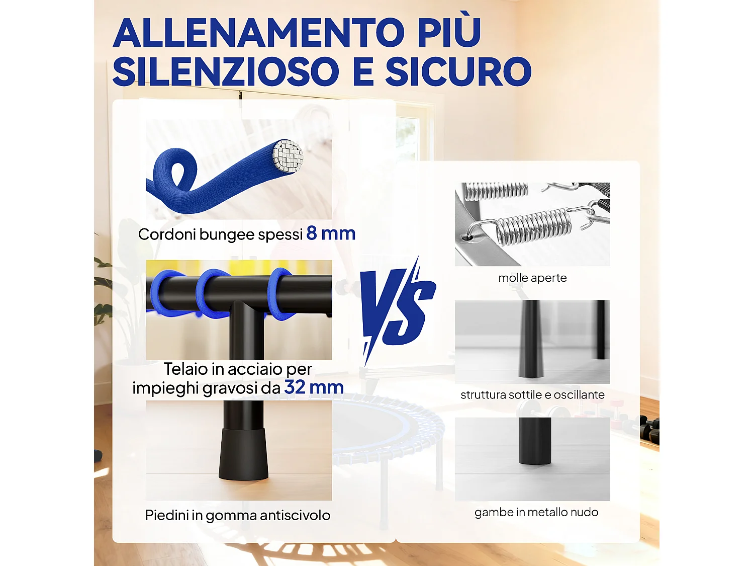 Trampolino elastico fitness a 36 corde in acciaio e pp 114x31 cm blu