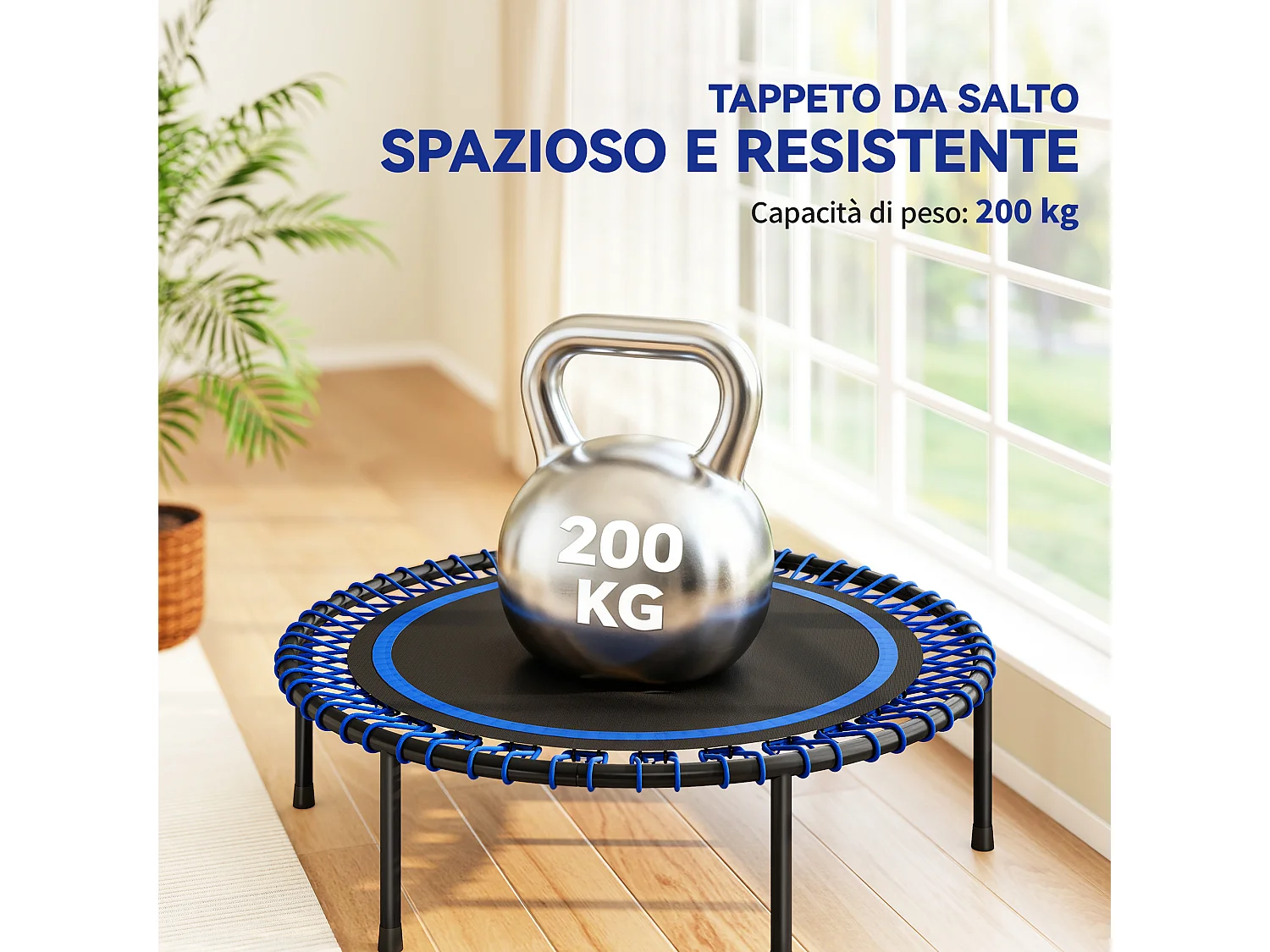 Trampolino elastico fitness a 36 corde in acciaio e pp 114x31 cm blu