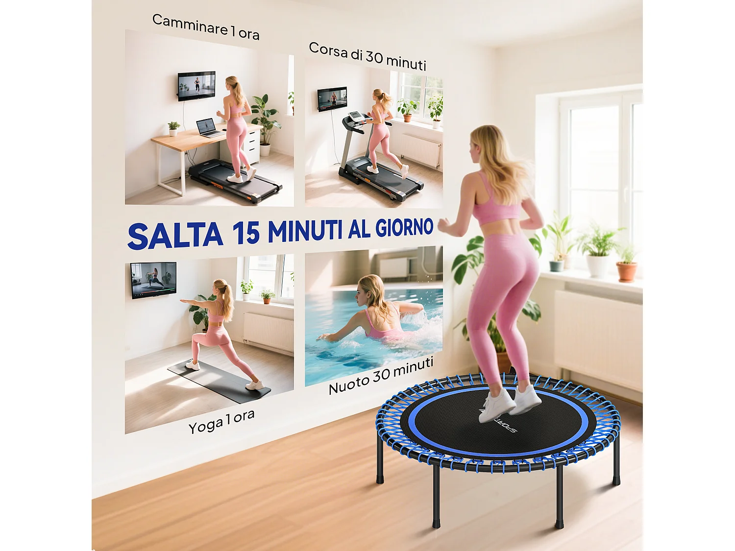 Trampolino elastico fitness a 36 corde in acciaio e pp 114x31 cm blu