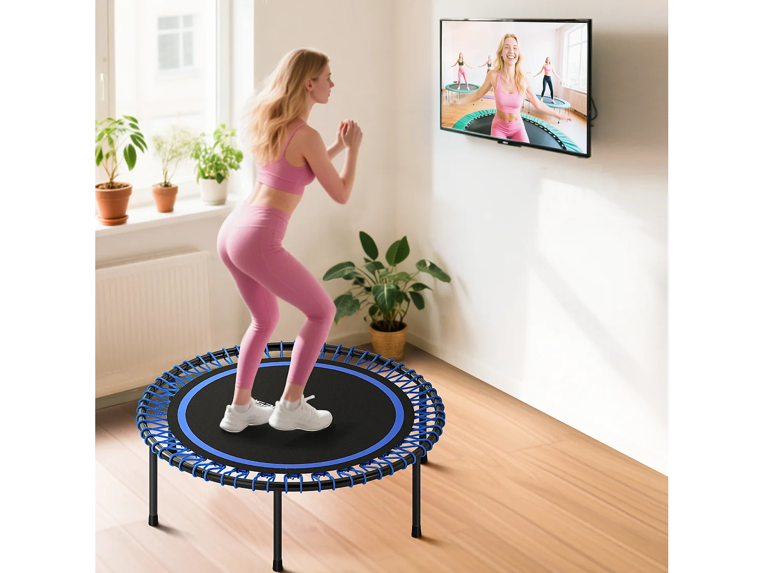 Trampolino elastico fitness a 36 corde in acciaio e pp 114x31 cm blu