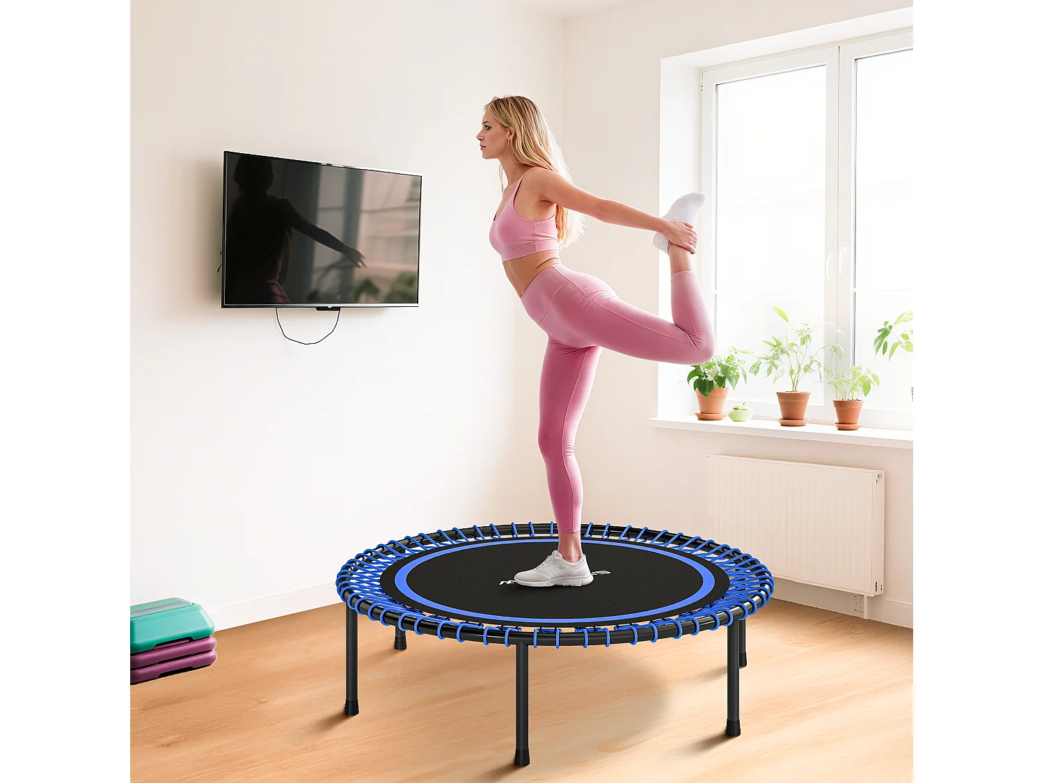 Trampolino elastico fitness a 36 corde in acciaio e pp 114x31 cm blu