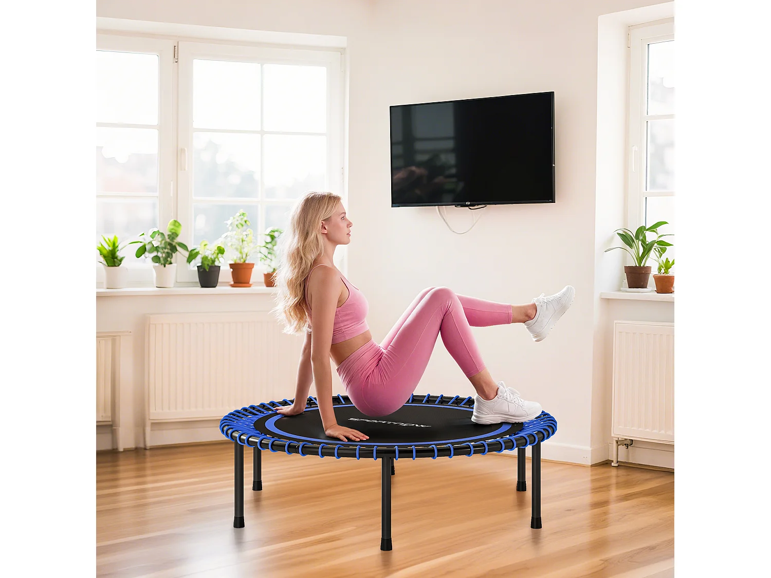 Trampolino elastico fitness a 36 corde in acciaio e pp 114x31 cm blu