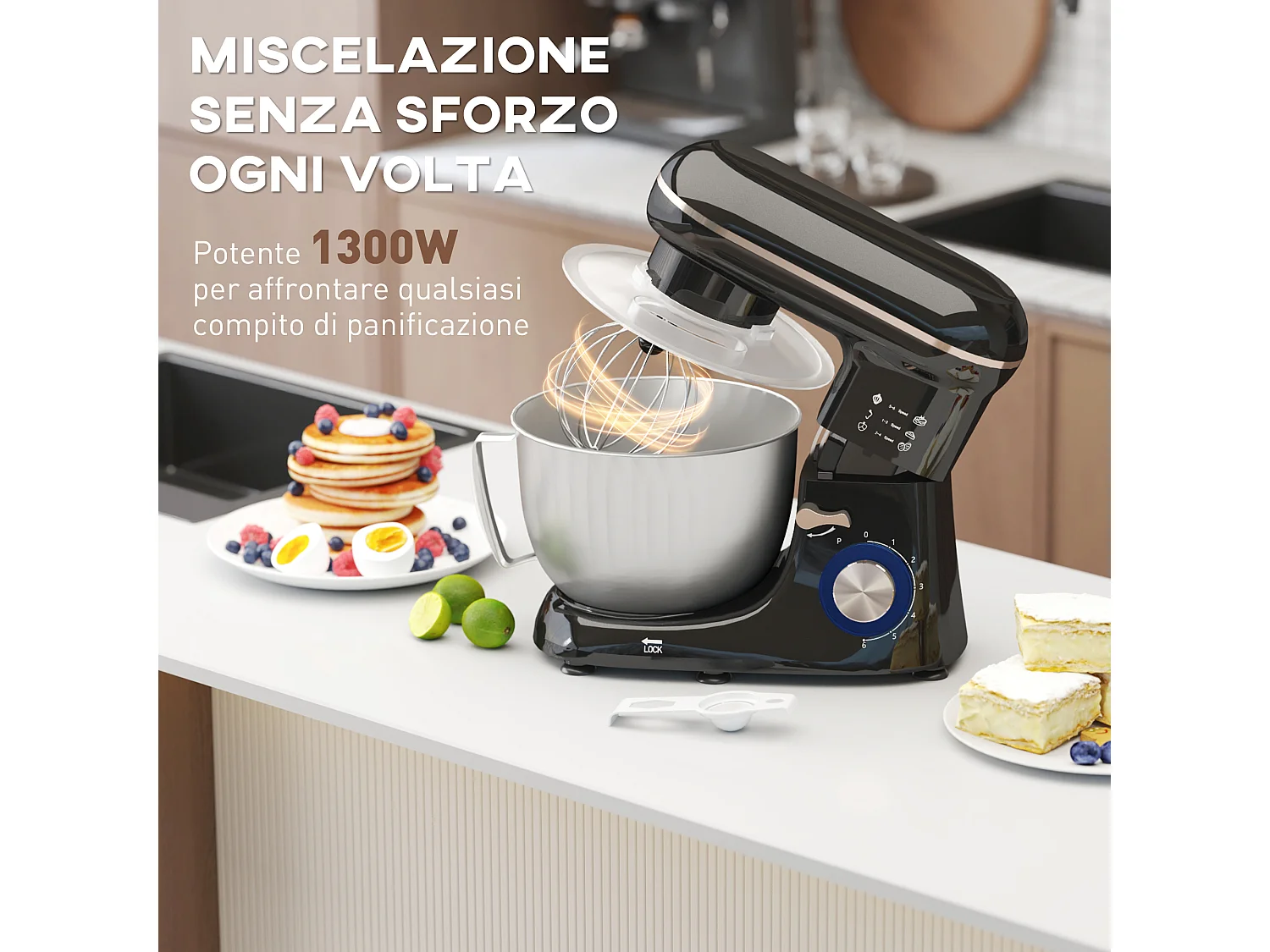 Impastatrice planetaria da 4.5l a 6 velocità con frusta e gancio