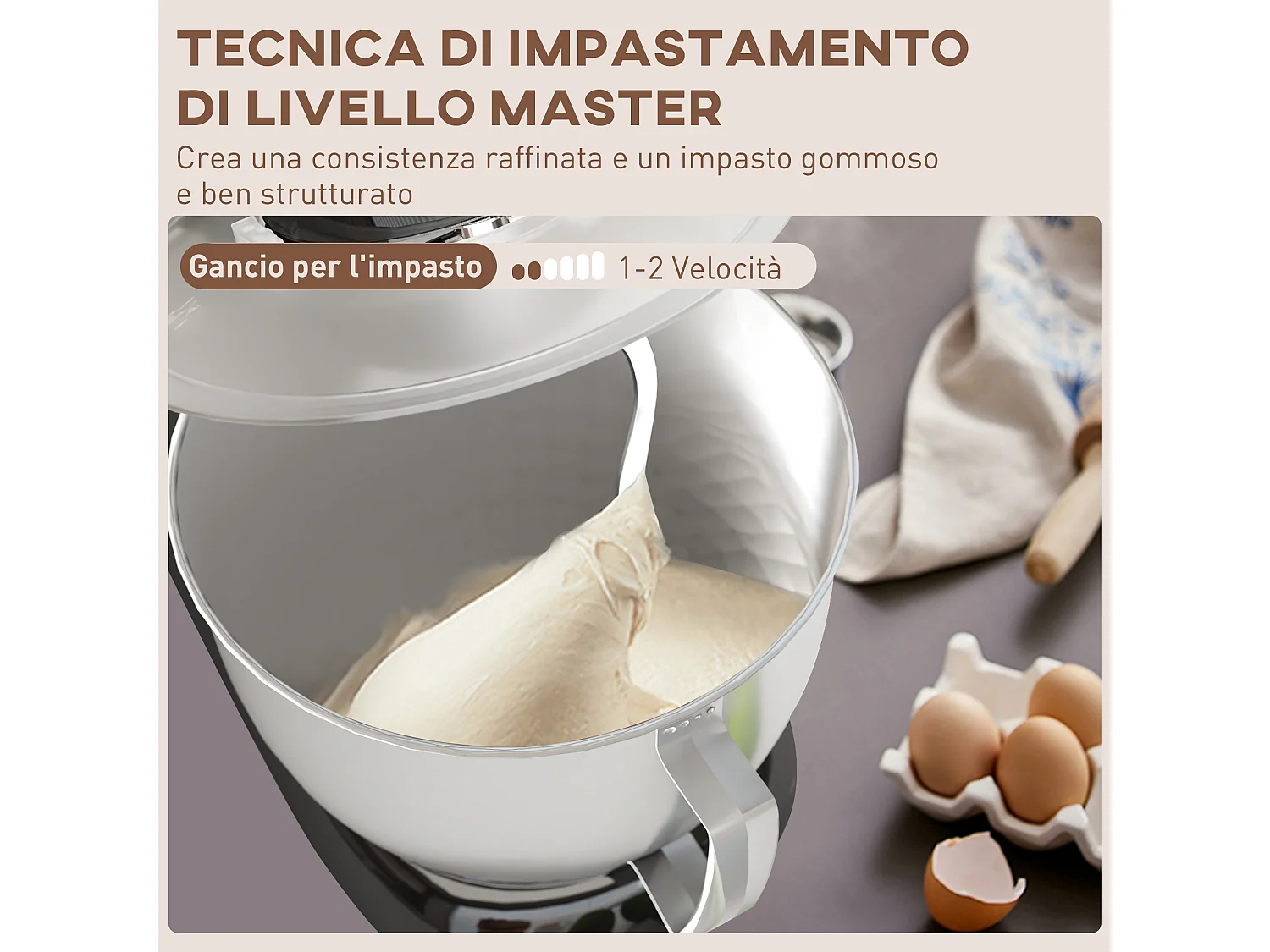 Impastatrice planetaria da 4.5l a 6 velocità con frusta e gancio