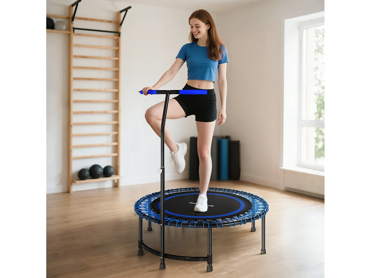 Trampolino fitness con manubrio regolabile a 5 livelli blu