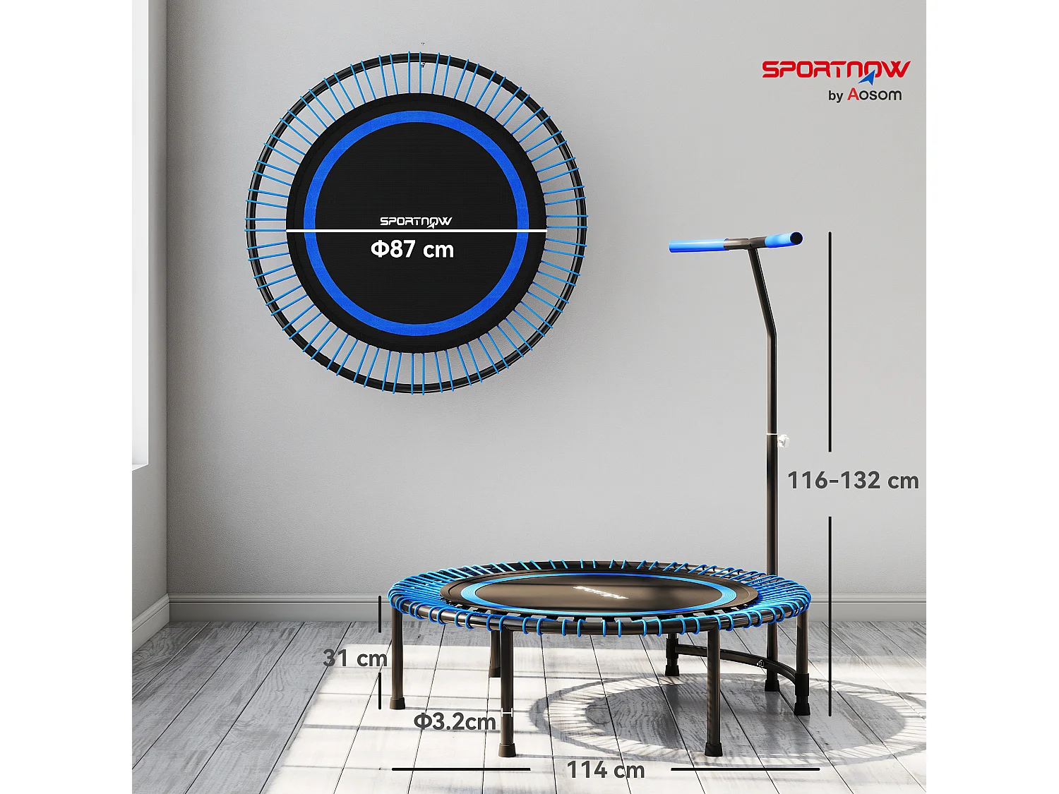 Trampolino fitness con manubrio regolabile a 5 livelli blu