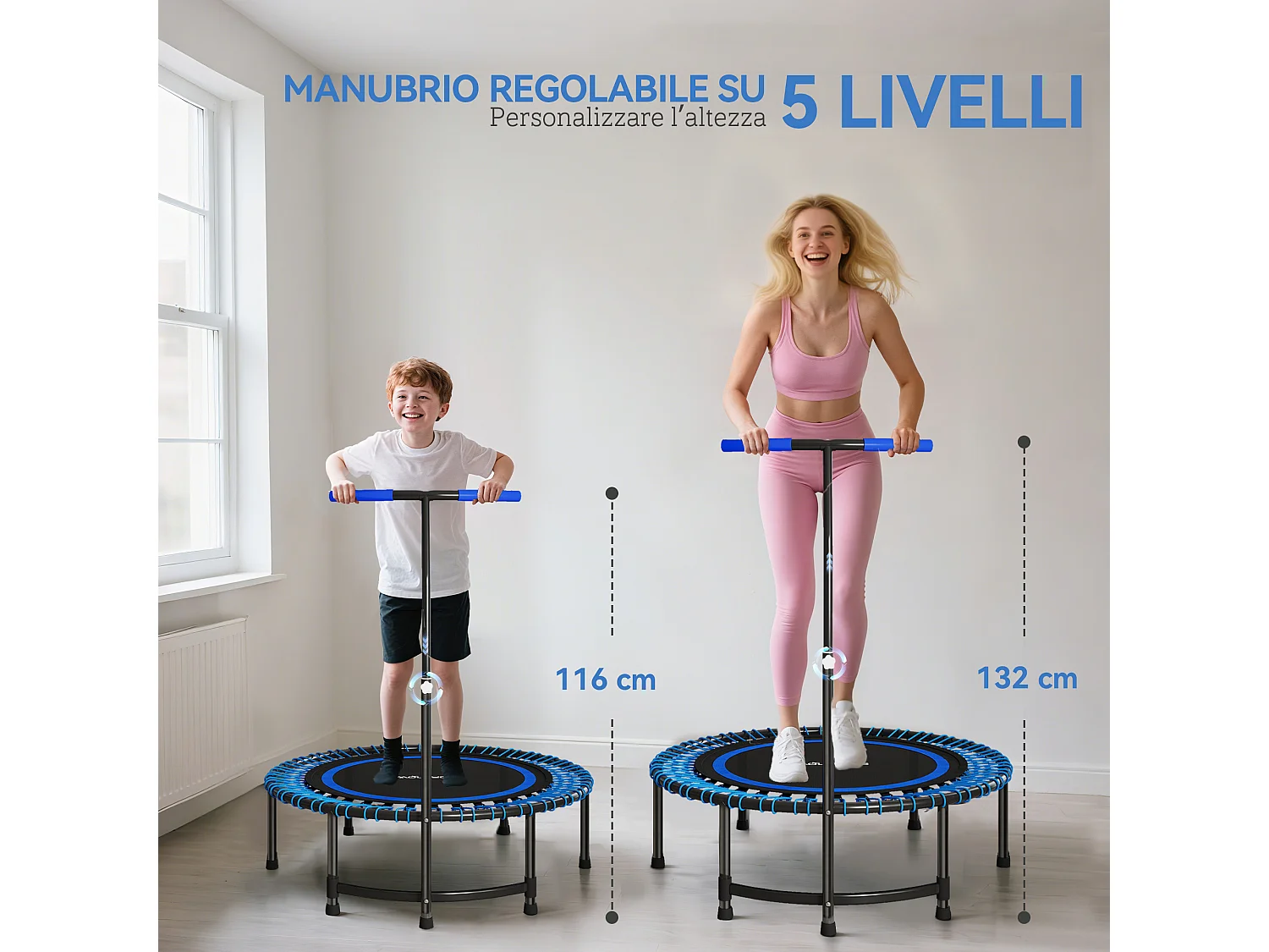 Trampolino fitness con manubrio regolabile a 5 livelli blu