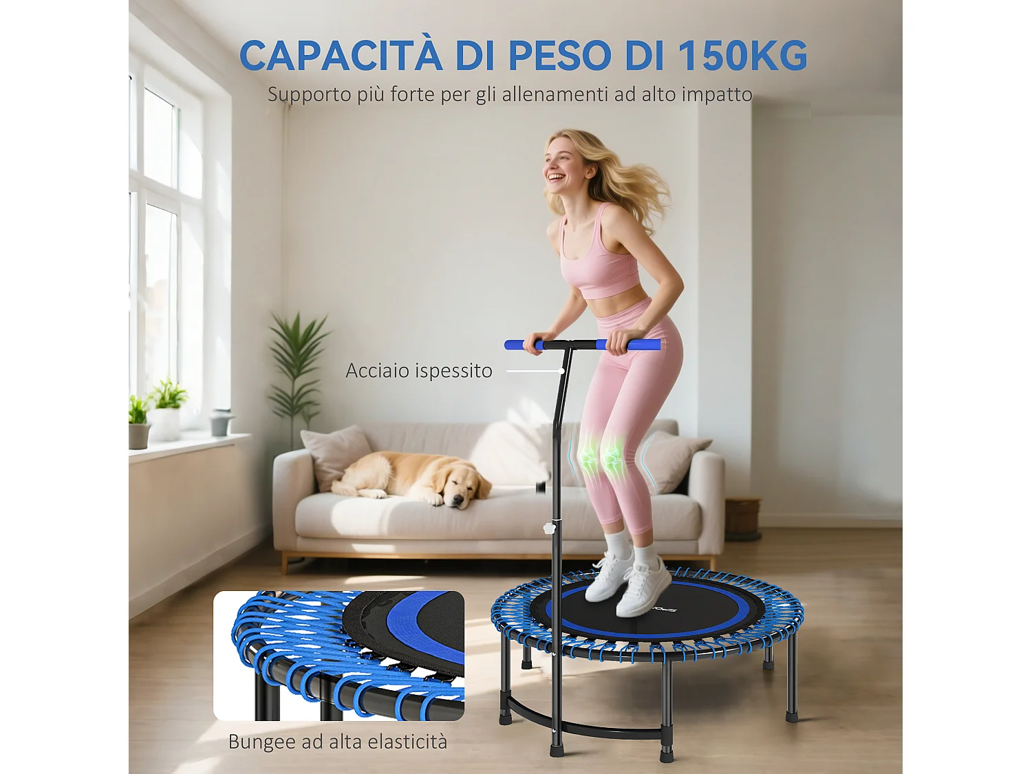 Trampolino fitness con manubrio regolabile a 5 livelli blu
