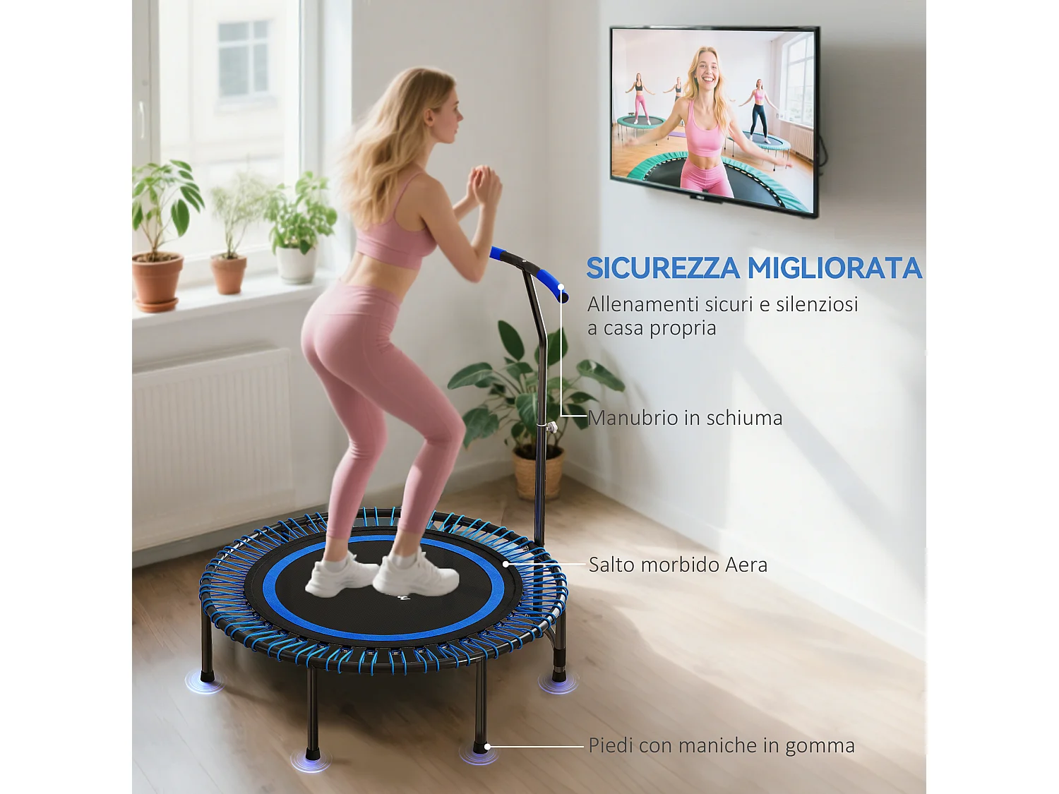 Trampolino fitness con manubrio regolabile a 5 livelli blu