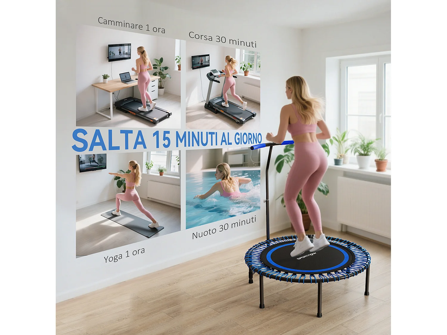 Trampolino fitness con manubrio regolabile a 5 livelli blu