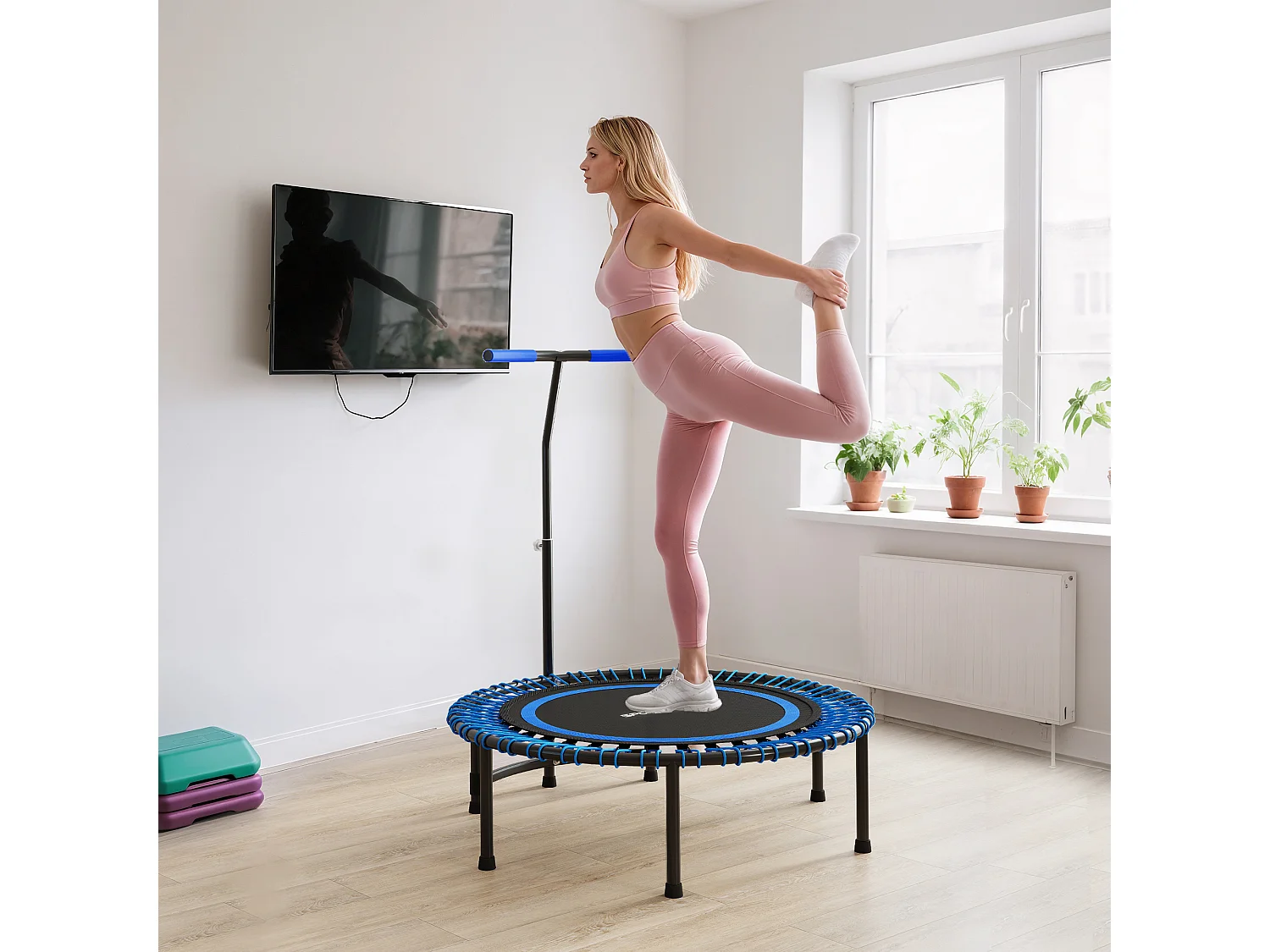 Trampolino fitness con manubrio regolabile a 5 livelli blu