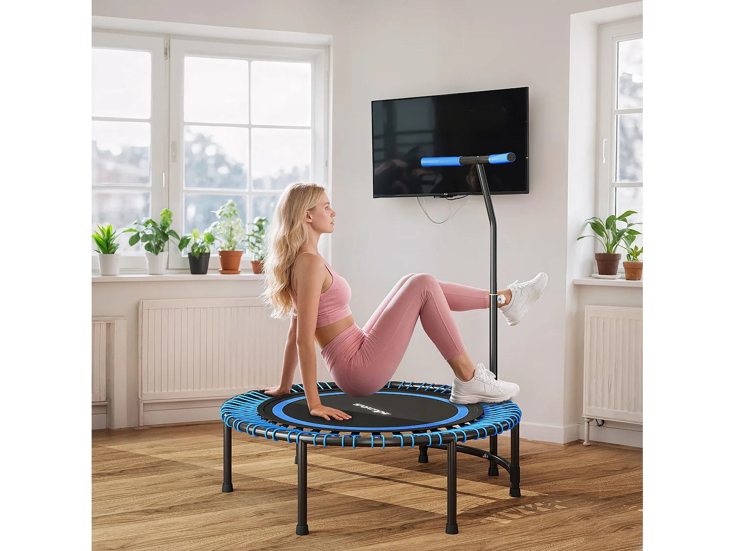 Trampolino fitness con manubrio regolabile a 5 livelli blu