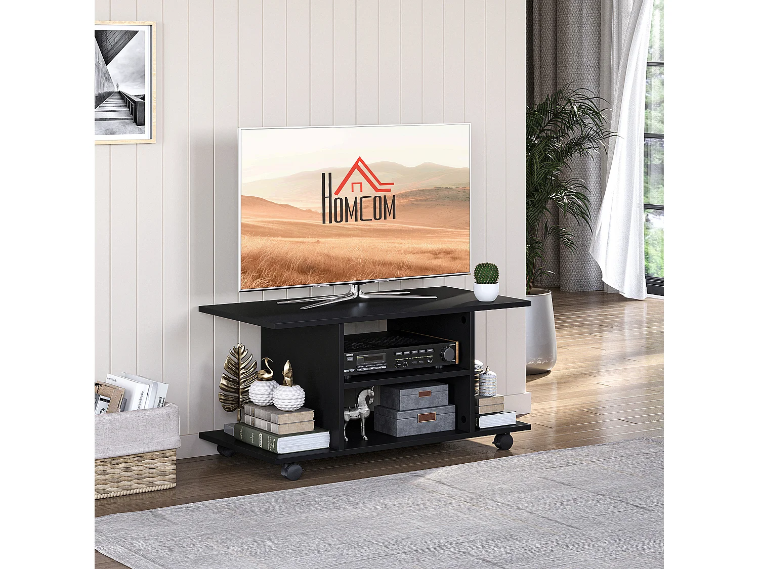 Mobile tv design moderno con ruote legno nero