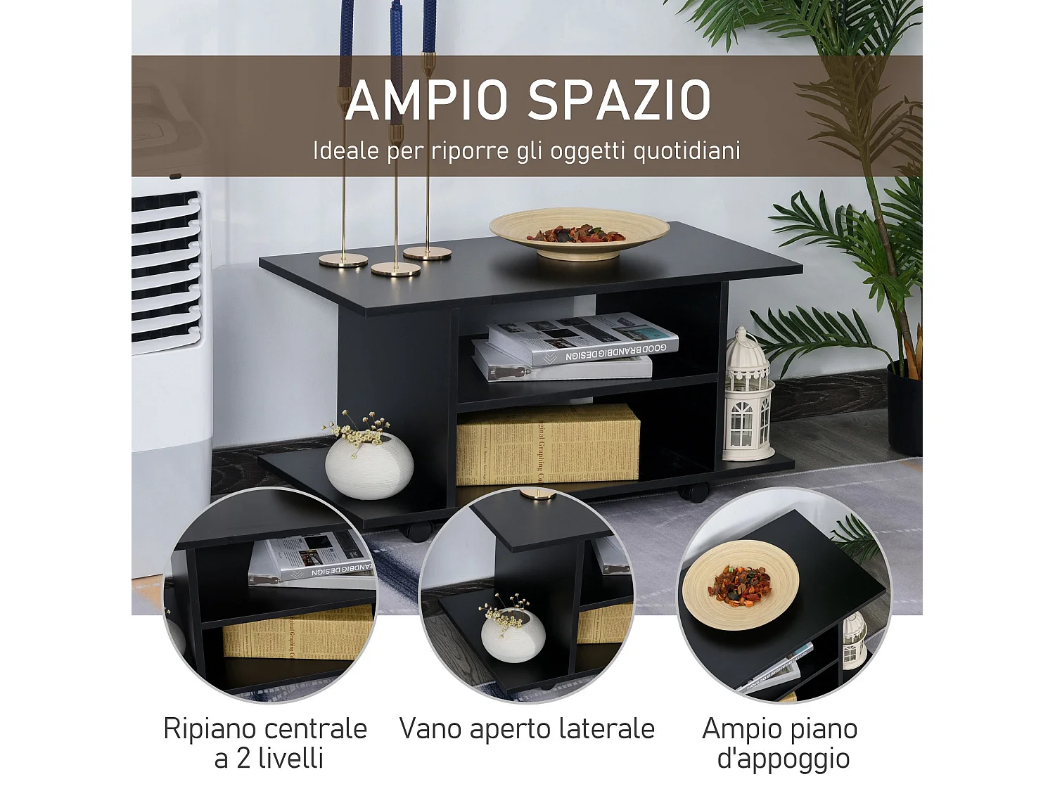 Mobile tv design moderno con ruote legno nero