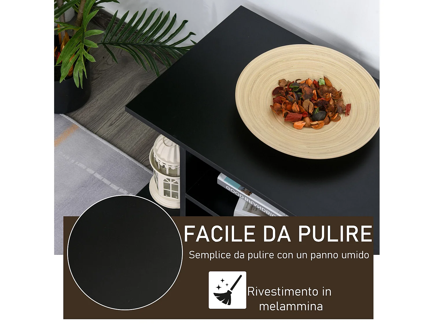 Mobile tv design moderno con ruote legno nero