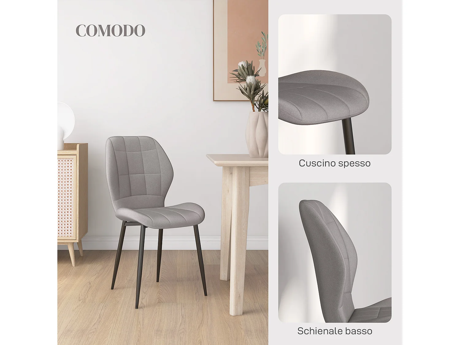 Set 4 sedie da pranzo moderne con rivestimento in flanella grigio