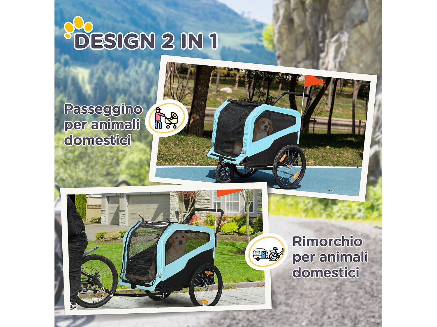 Rimorchio bici per cani 2 in 1 con 2 ingressi tasche portaoggetti blu