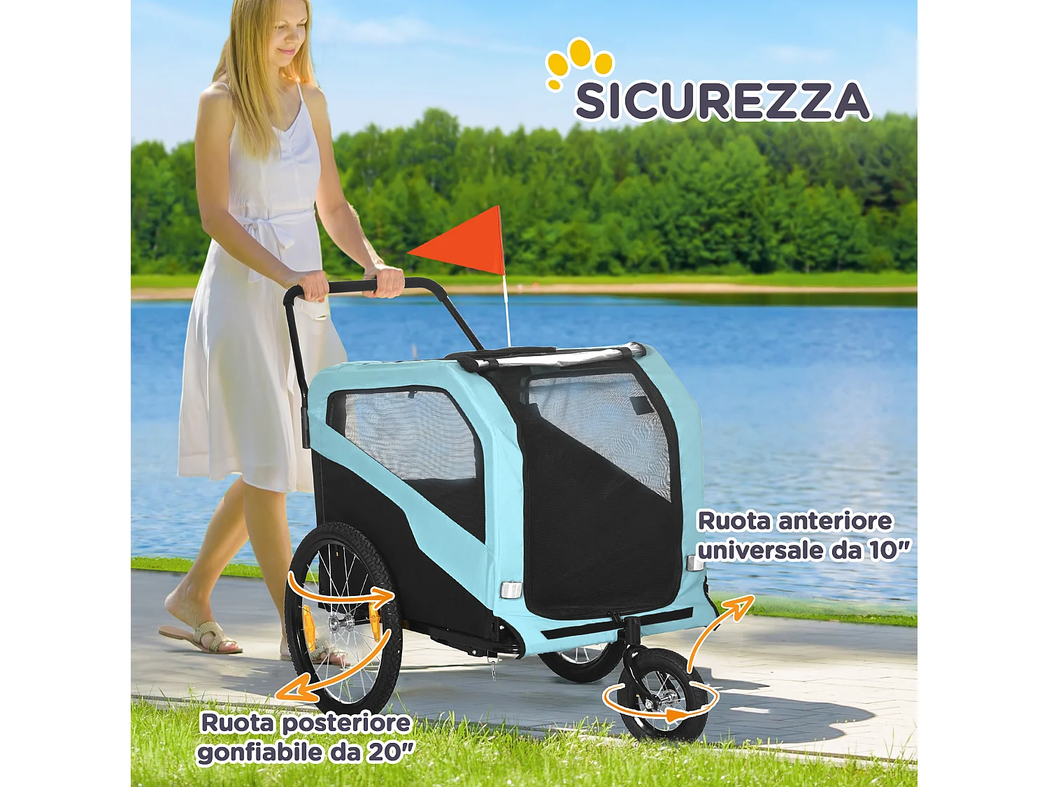 Rimorchio bici per cani 2 in 1 con 2 ingressi tasche portaoggetti blu