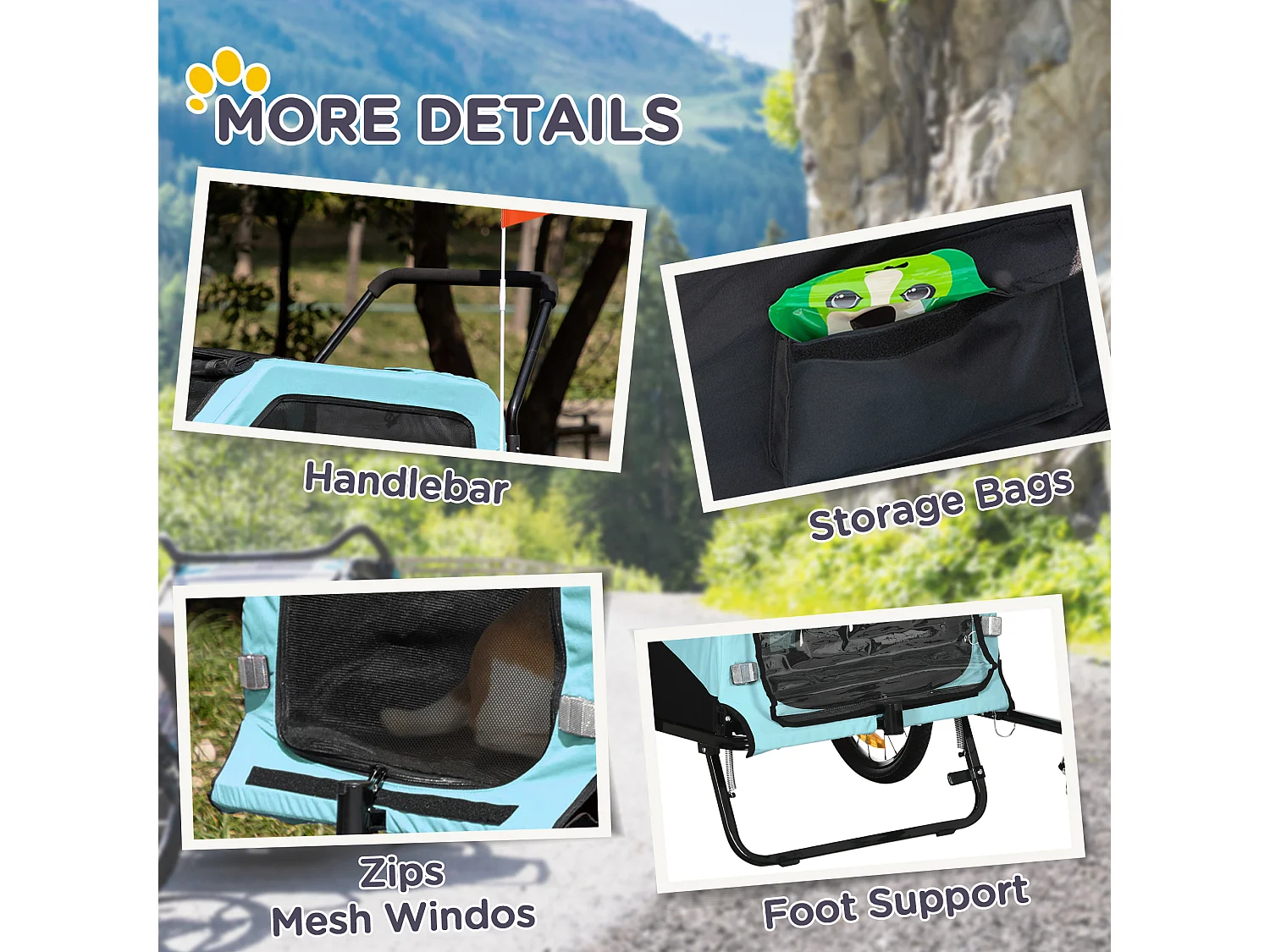 Rimorchio bici per cani 2 in 1 con 2 ingressi tasche portaoggetti blu