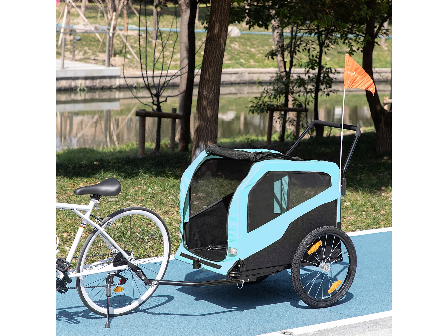 Rimorchio bici per cani 2 in 1 con 2 ingressi tasche portaoggetti blu