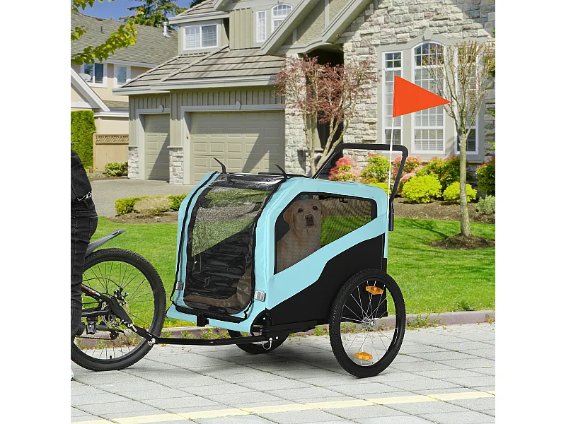 Rimorchio bici per cani 2 in 1 con 2 ingressi tasche portaoggetti blu