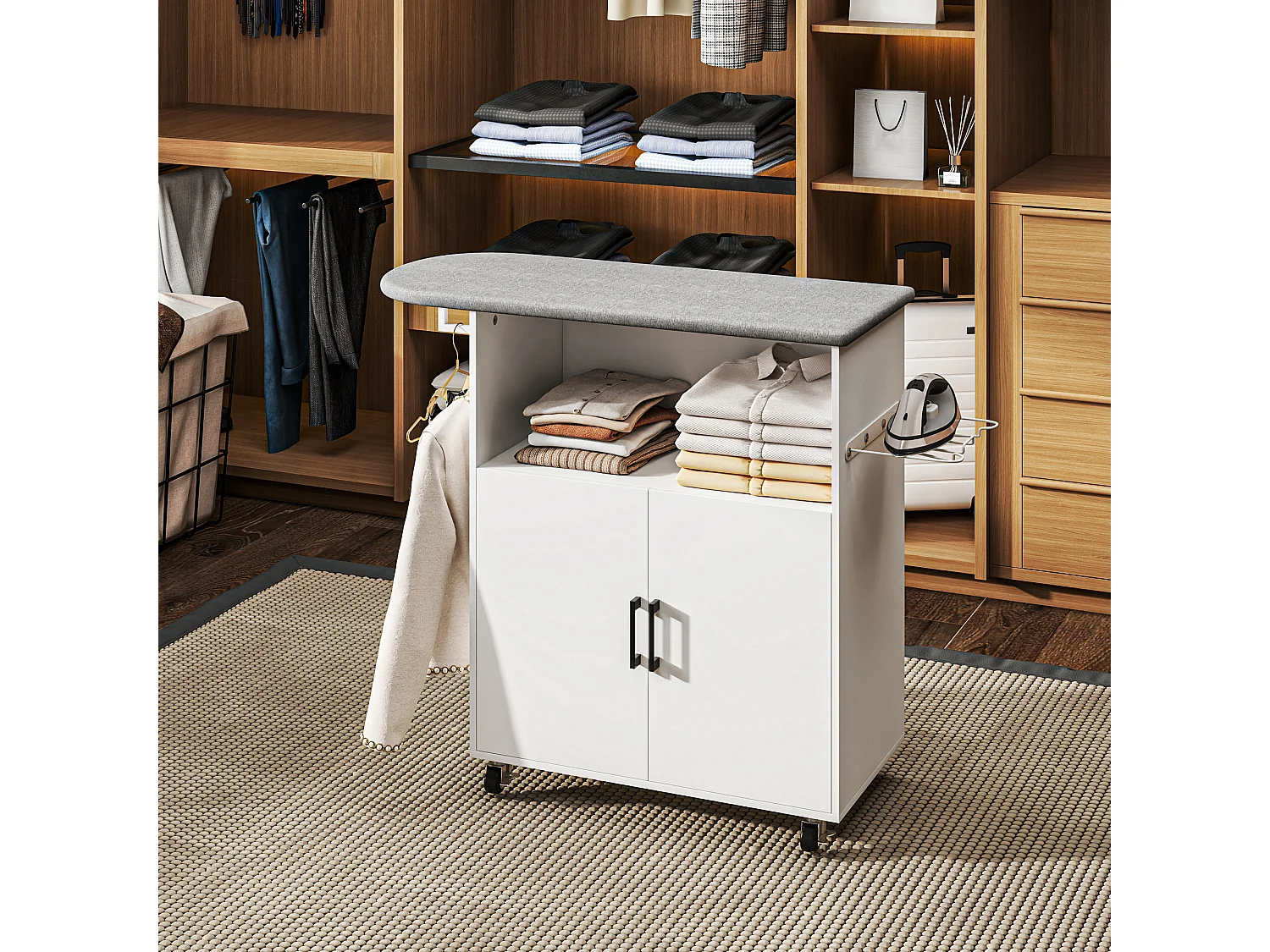 Mobile asse da stiro con armadietto a 2 ante e spazio aperto bianco