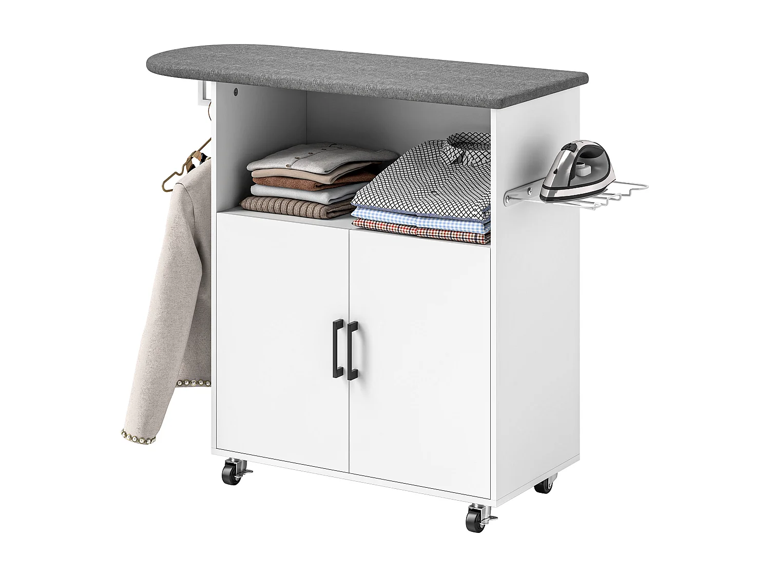 Mobile asse da stiro con armadietto a 2 ante e spazio aperto bianco