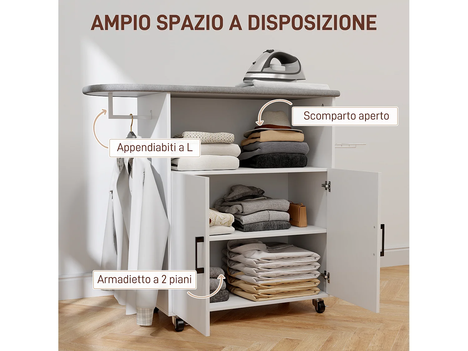 Mobile asse da stiro con armadietto a 2 ante e spazio aperto bianco
