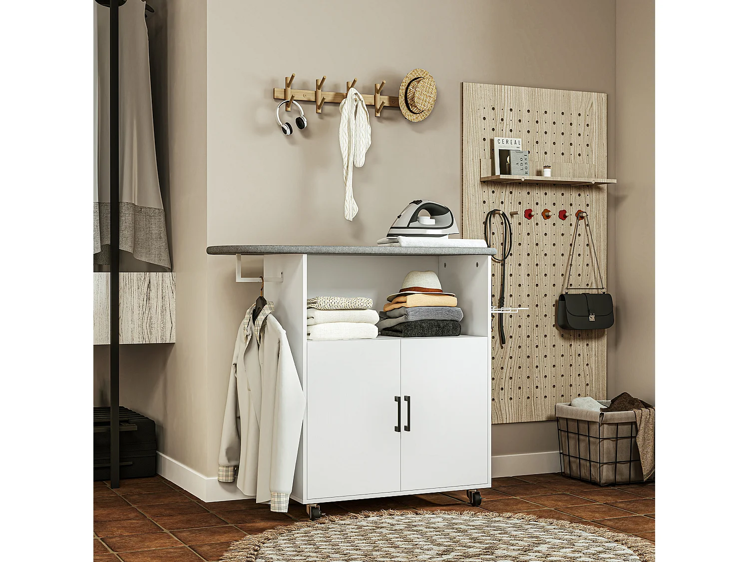 Mobile asse da stiro con armadietto a 2 ante e spazio aperto bianco