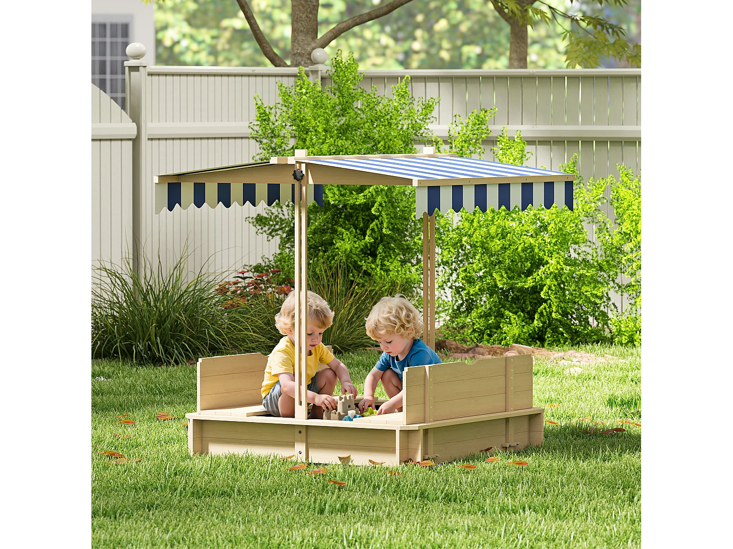 Sabbiera per bambini in legno con tettuccio parasole panca e coperchio