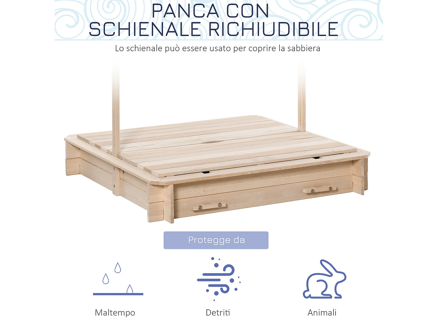 Sabbiera per bambini in legno con tettuccio parasole panca e coperchio