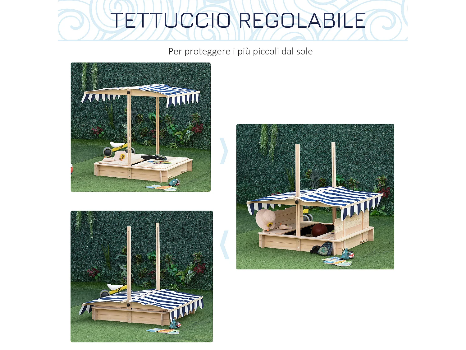 Sabbiera per bambini in legno con tettuccio parasole panca e coperchio