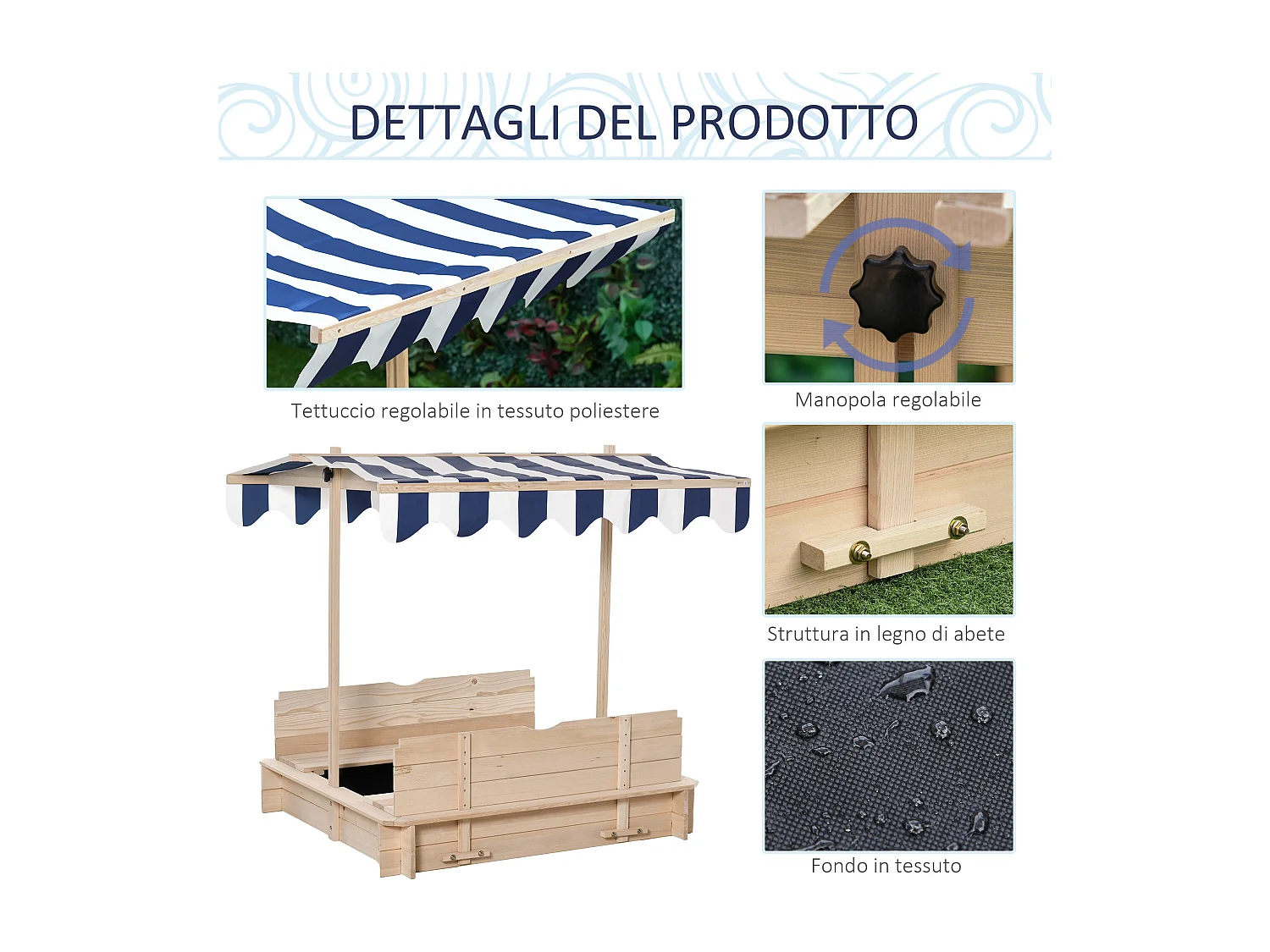 Sabbiera per bambini in legno con tettuccio parasole panca e coperchio