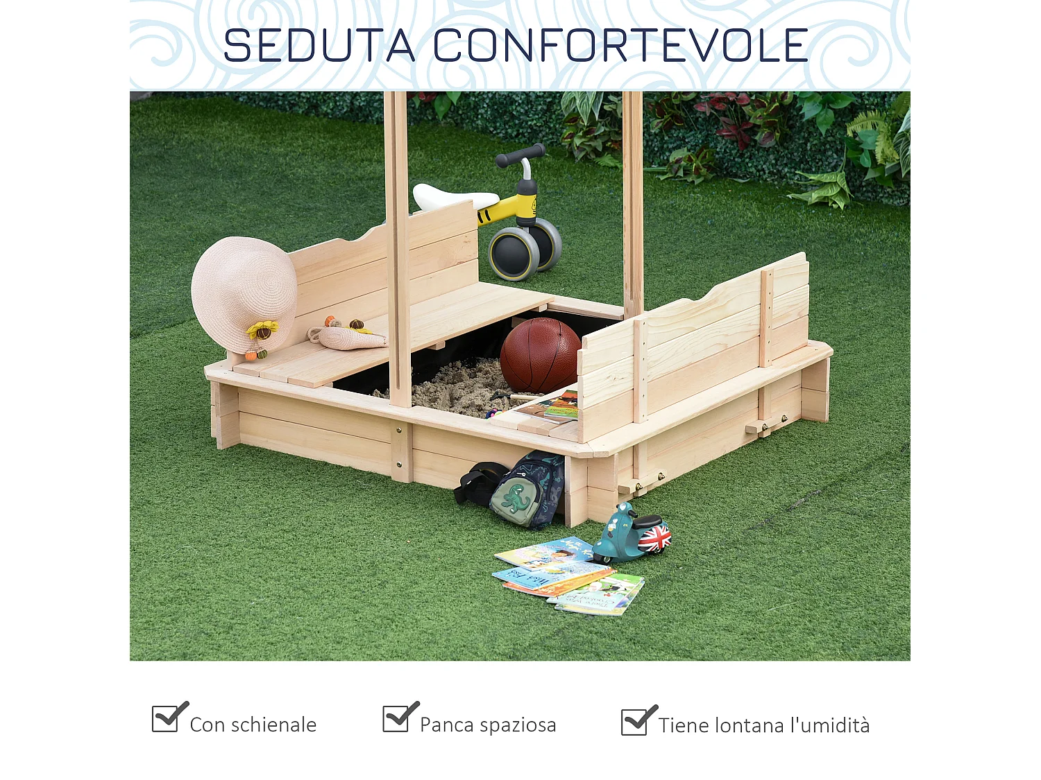 Sabbiera per bambini in legno con tettuccio parasole panca e coperchio