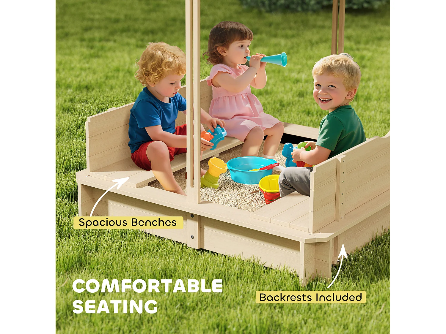 Sabbiera per bambini in legno con tettuccio parasole panca e coperchio