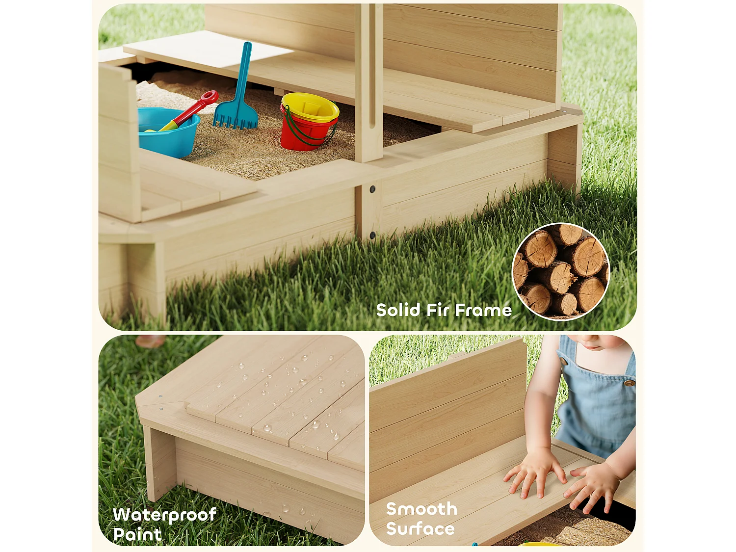 Sabbiera per bambini in legno con tettuccio parasole panca e coperchio