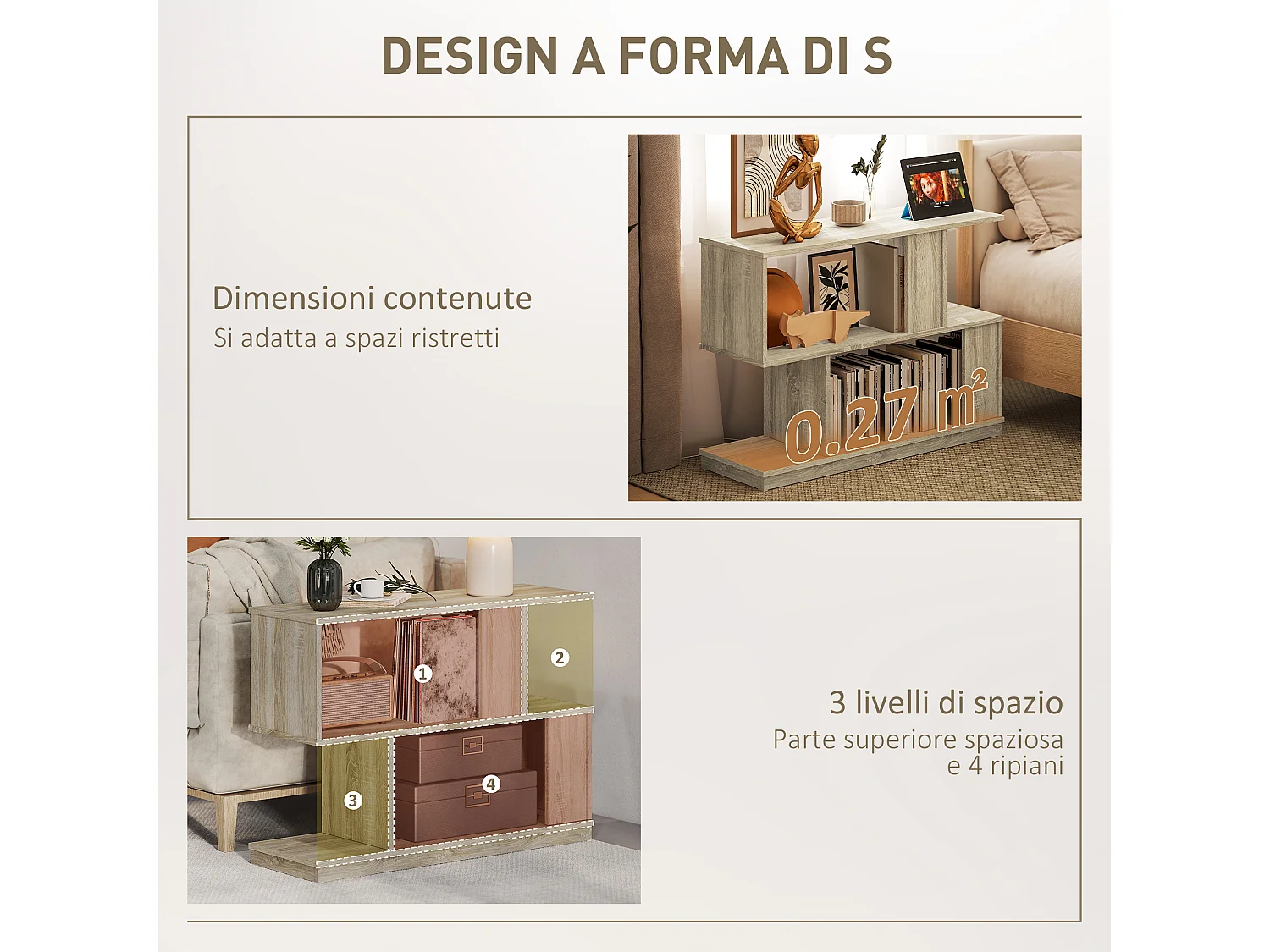 Tavolino salotto a s con 4 ripiani, tavolino da soggiorno salvaspazio per salotto