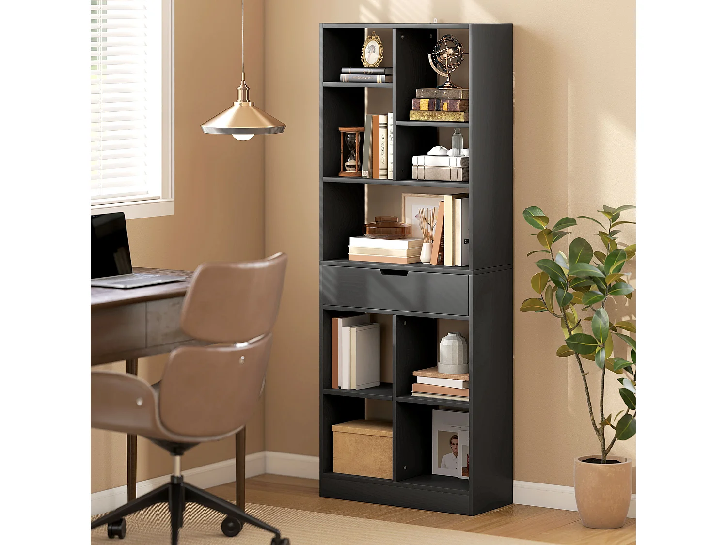 Scaffale libreria con cassetto centrale e ripiani aperti libreria salvaspazio autoportante in legno