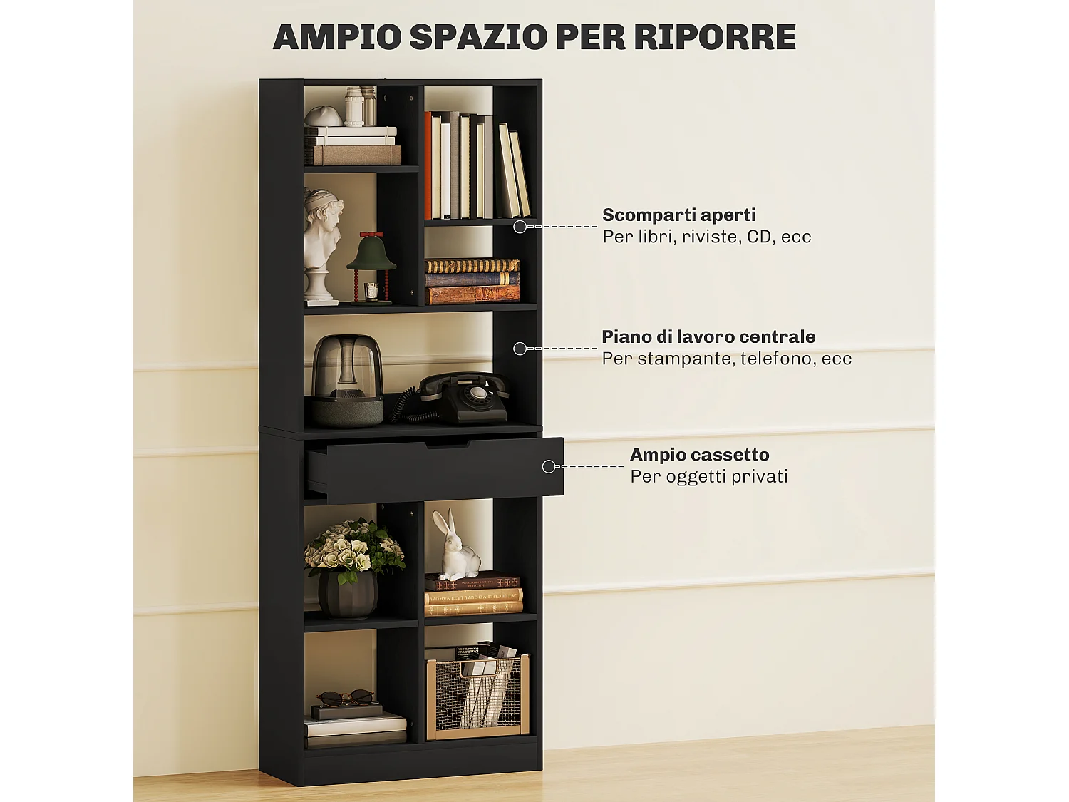 Scaffale libreria con cassetto centrale e ripiani aperti libreria salvaspazio autoportante in legno